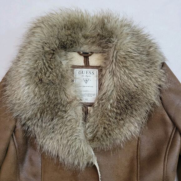 Guess Brown Faux Leather Knee Length Coat Faux Fur Collar Zip Pockets Small - Picture 2 of 13